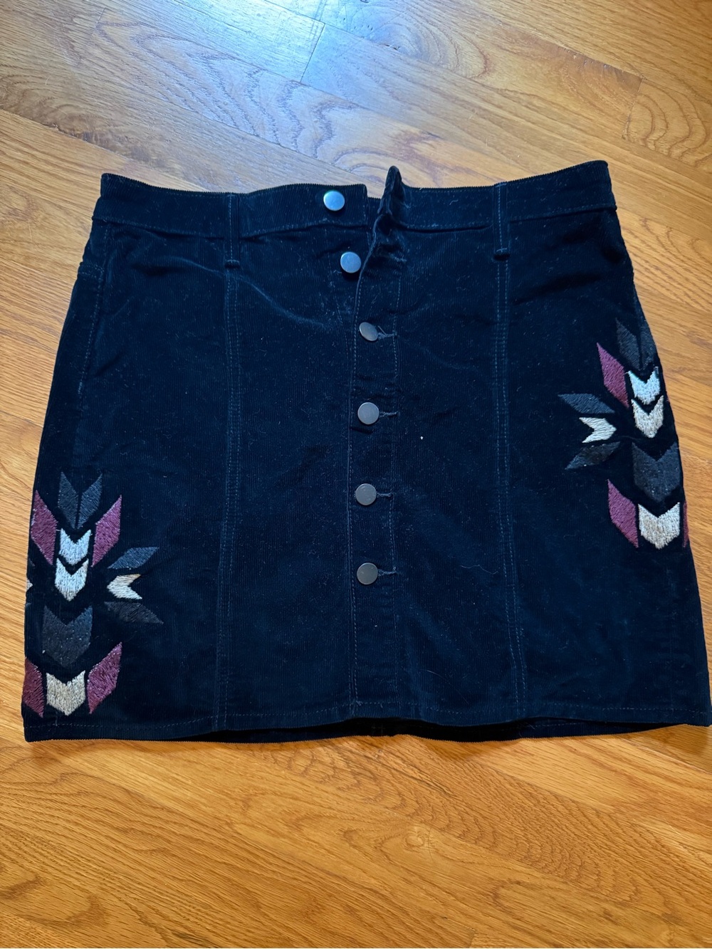 DRIFTWOOD Black Mini Skirt with Multicolor Chevron Embroidery